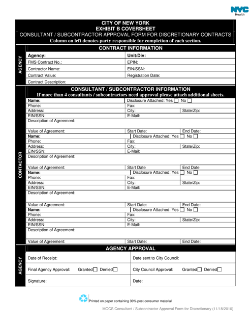 Exhibit B Coversheet - Consultant/Subcontractor Approval Form for Discretionary Contracts - New York City