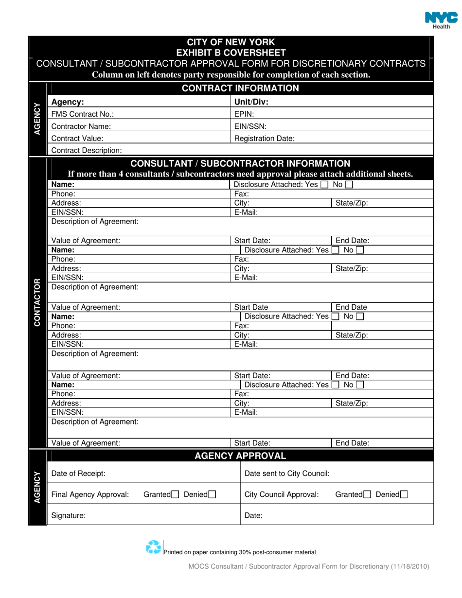 Exhibit B Coversheet - Consultant / Subcontractor Approval Form for Discretionary Contracts - New York City, Page 1