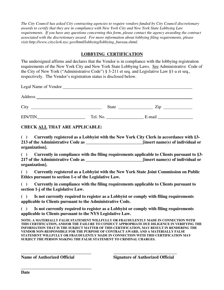Lobbying Certification Form - New York City, Page 1