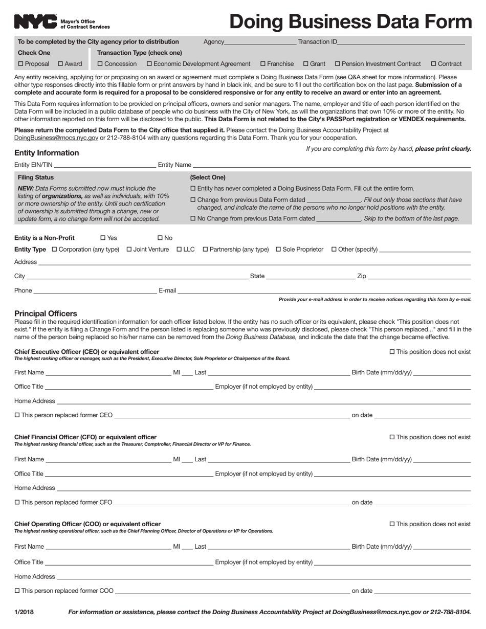 Doing Business Data Form - New York City, Page 1