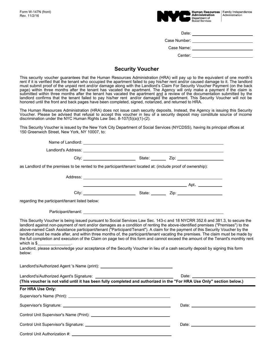 Form W-147N Security Deposit Voucher - New York City, Page 1