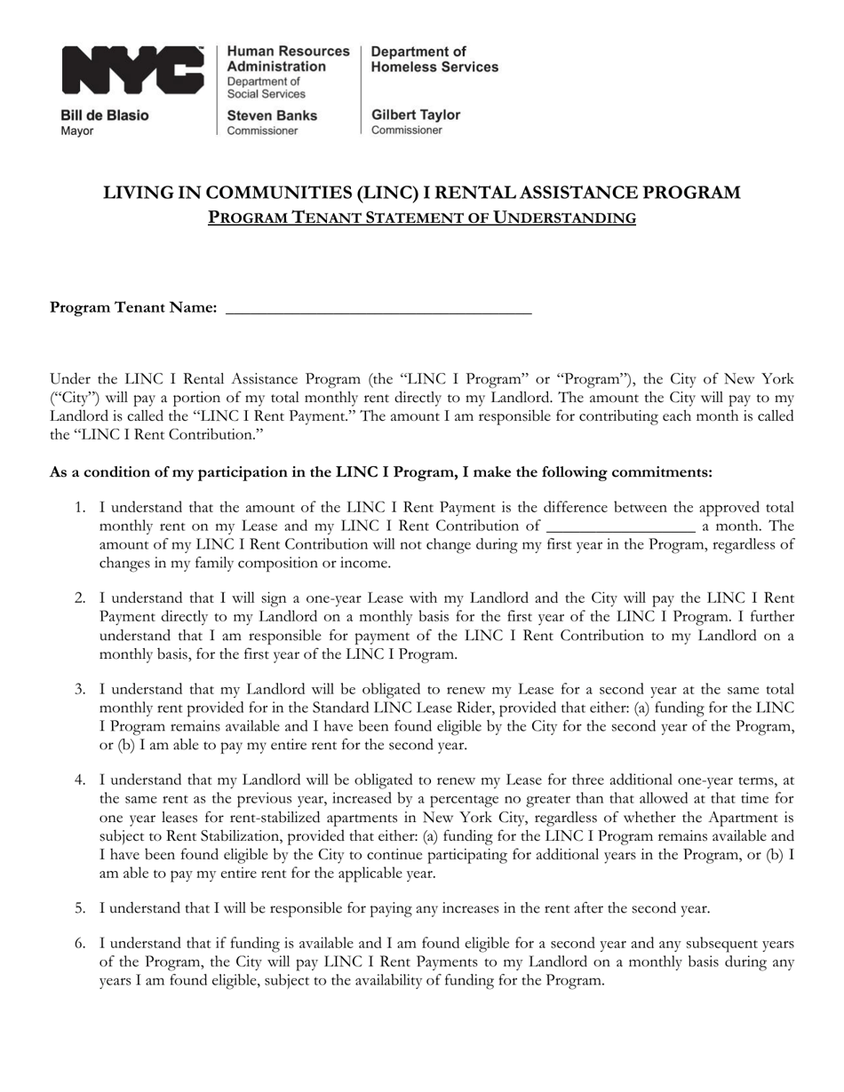 New York City Linc I Tenant Statement Of Understanding Fill Out 