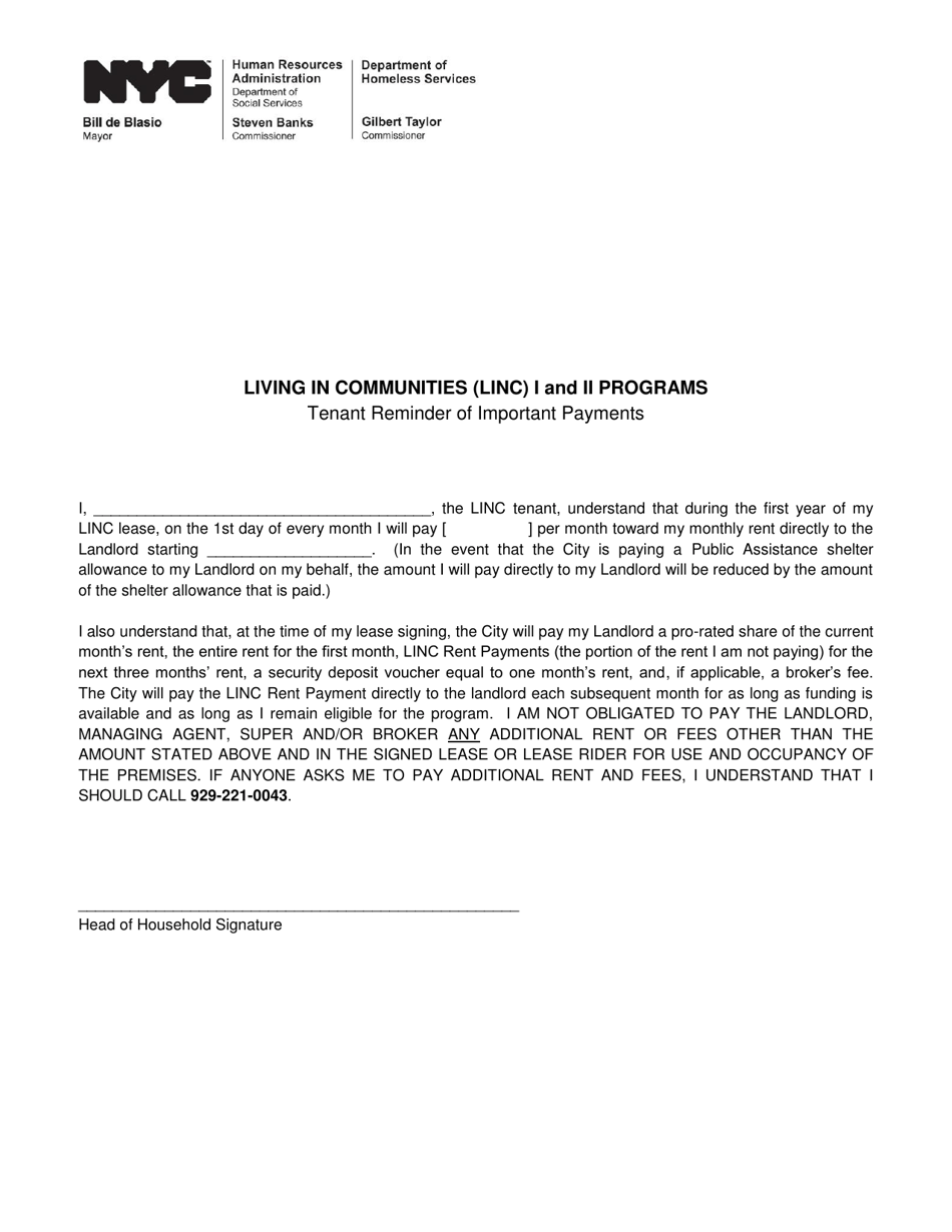 New York City Linc I and II Tenant Reminder of Important Payments Fill Out, Sign Online and