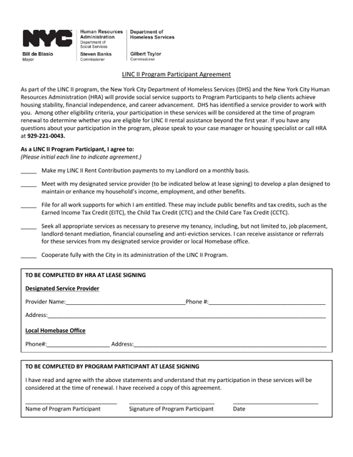 Linc II Program Participant Agreement Form - New York City
