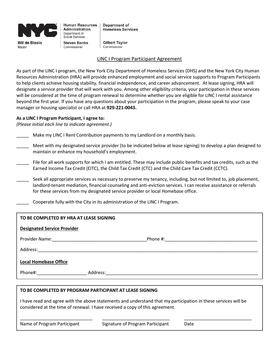 Linc I Program Participant Agreement Form - New York City, Page 1