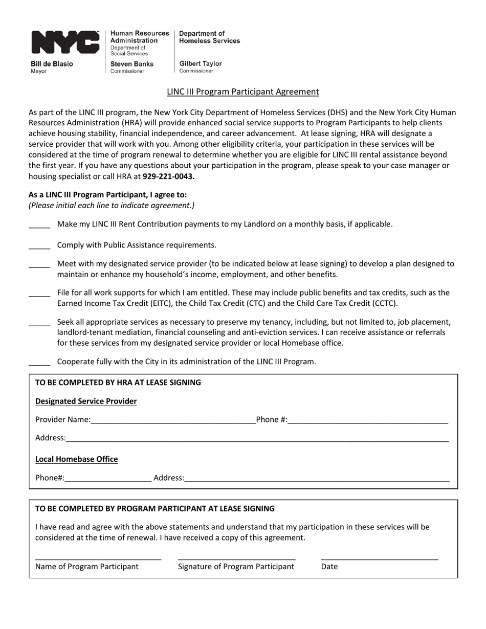 Linc Iii Program Participant Agreement Form - New York City, Page 1