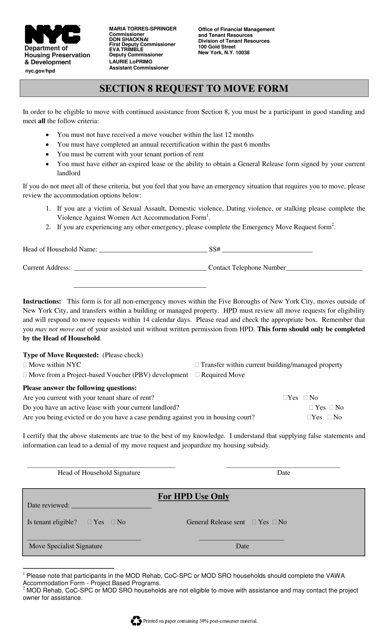New York City Section 8 Request To Move Form Download Printable PDF 