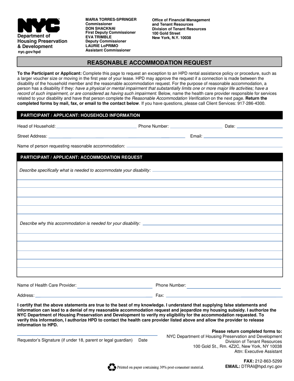 Reasonable Accommodation Request Form - New York City, Page 1