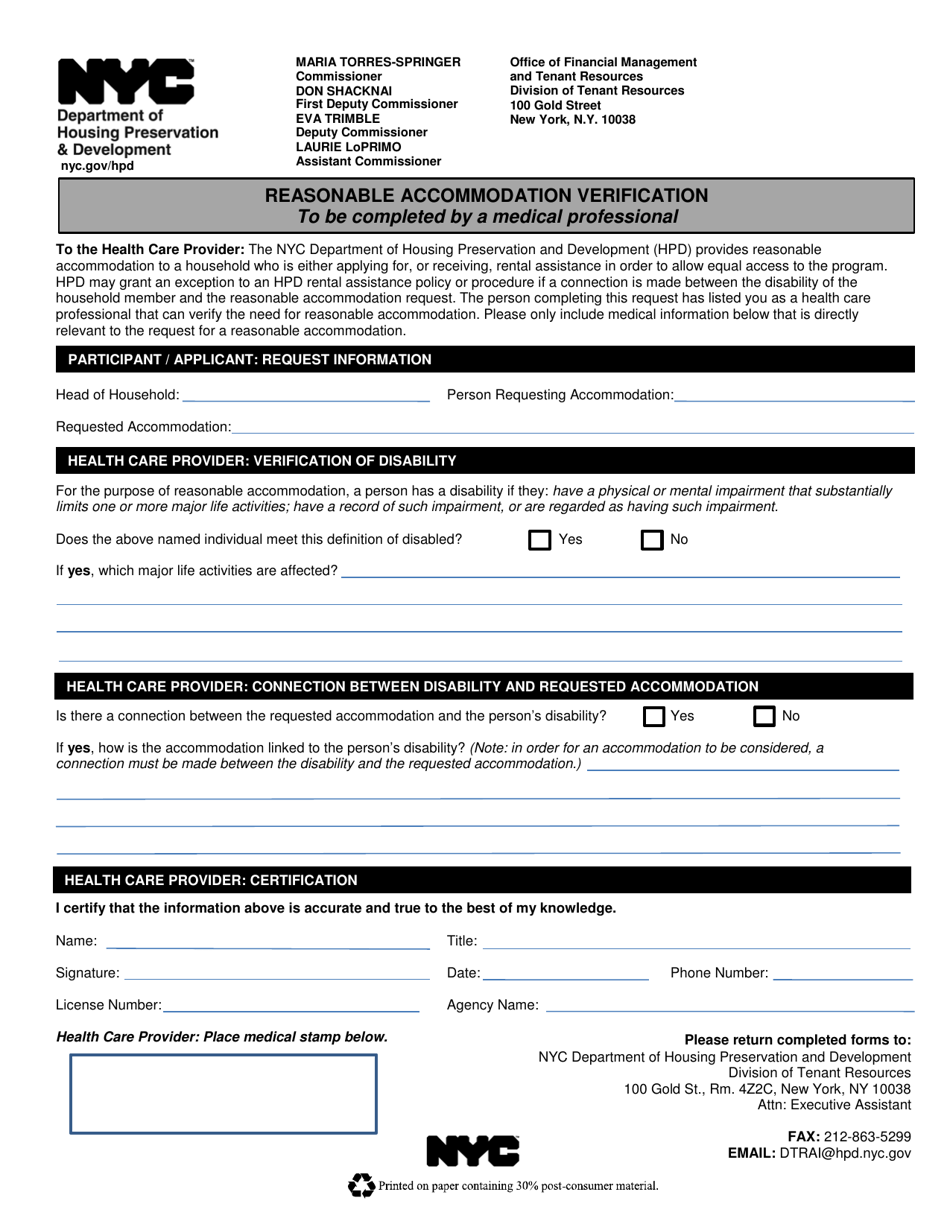 New York City Reasonable Accommodation Request Form - Fill Out, Sign ...