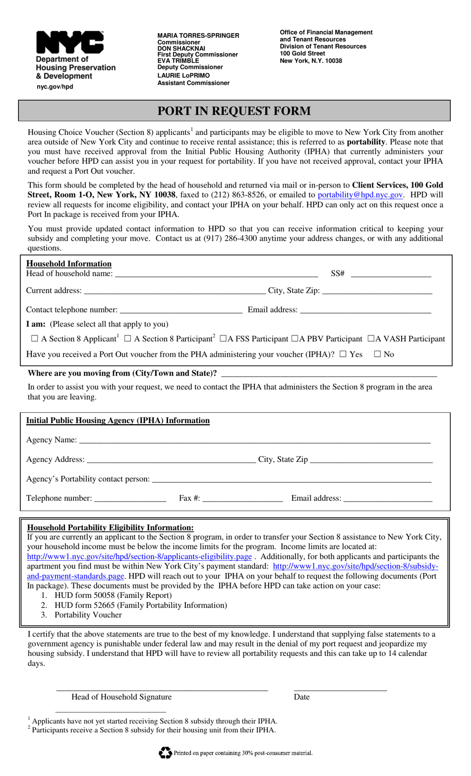 New York City Port in Request Form Download Fillable PDF Templateroller