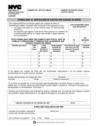 Document preview: Formulario 10 Verificacion De Gastos Por Cuidado De Ninos - New York City (Spanish)