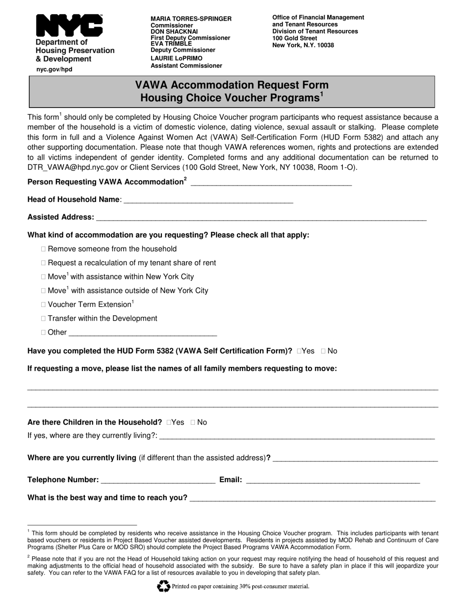 Vawa Accommodation Request Form - Housing Choice Voucher Programs - New York City, Page 1