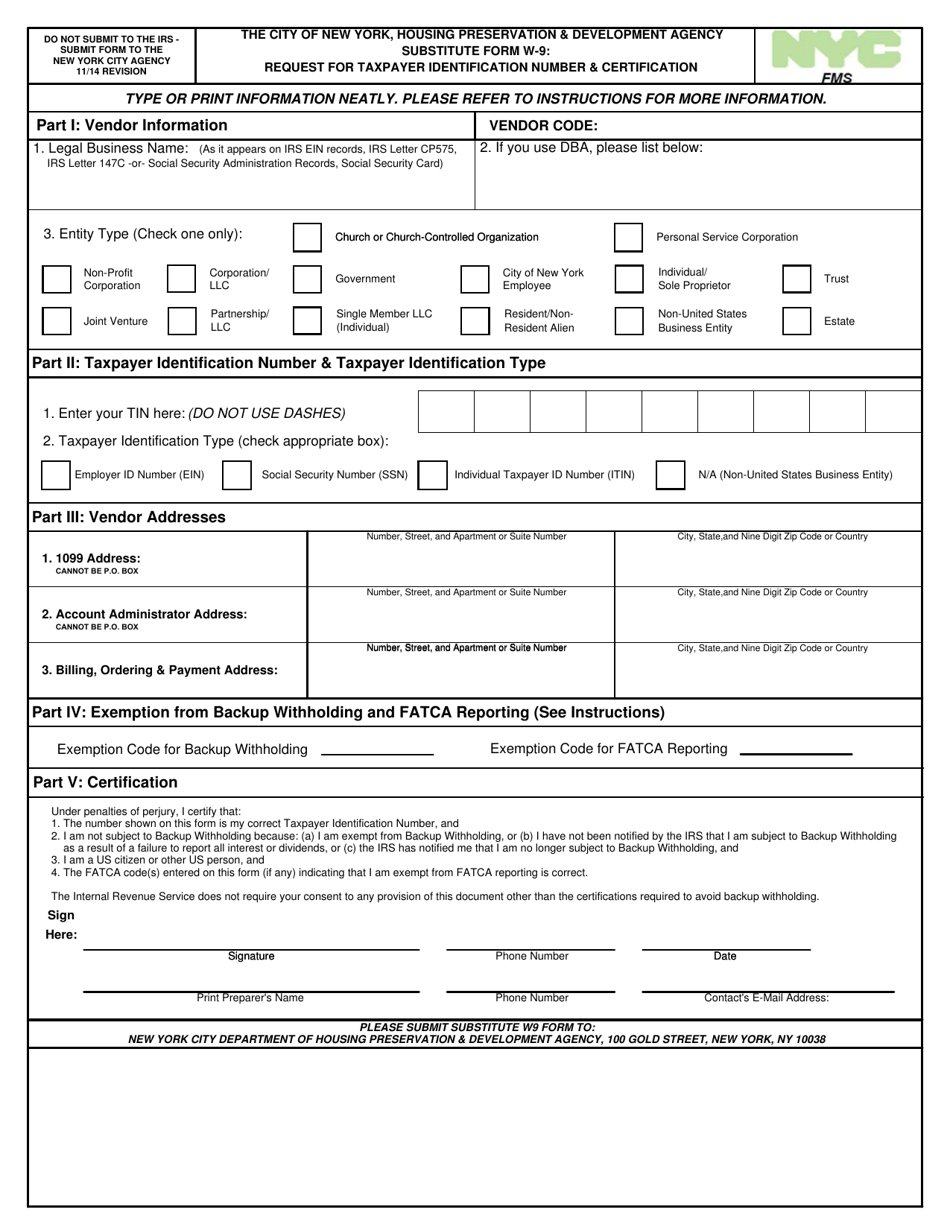 Substitute Form W-9 - Request for Taxpayer Identification Number  Certification - New York City, Page 1
