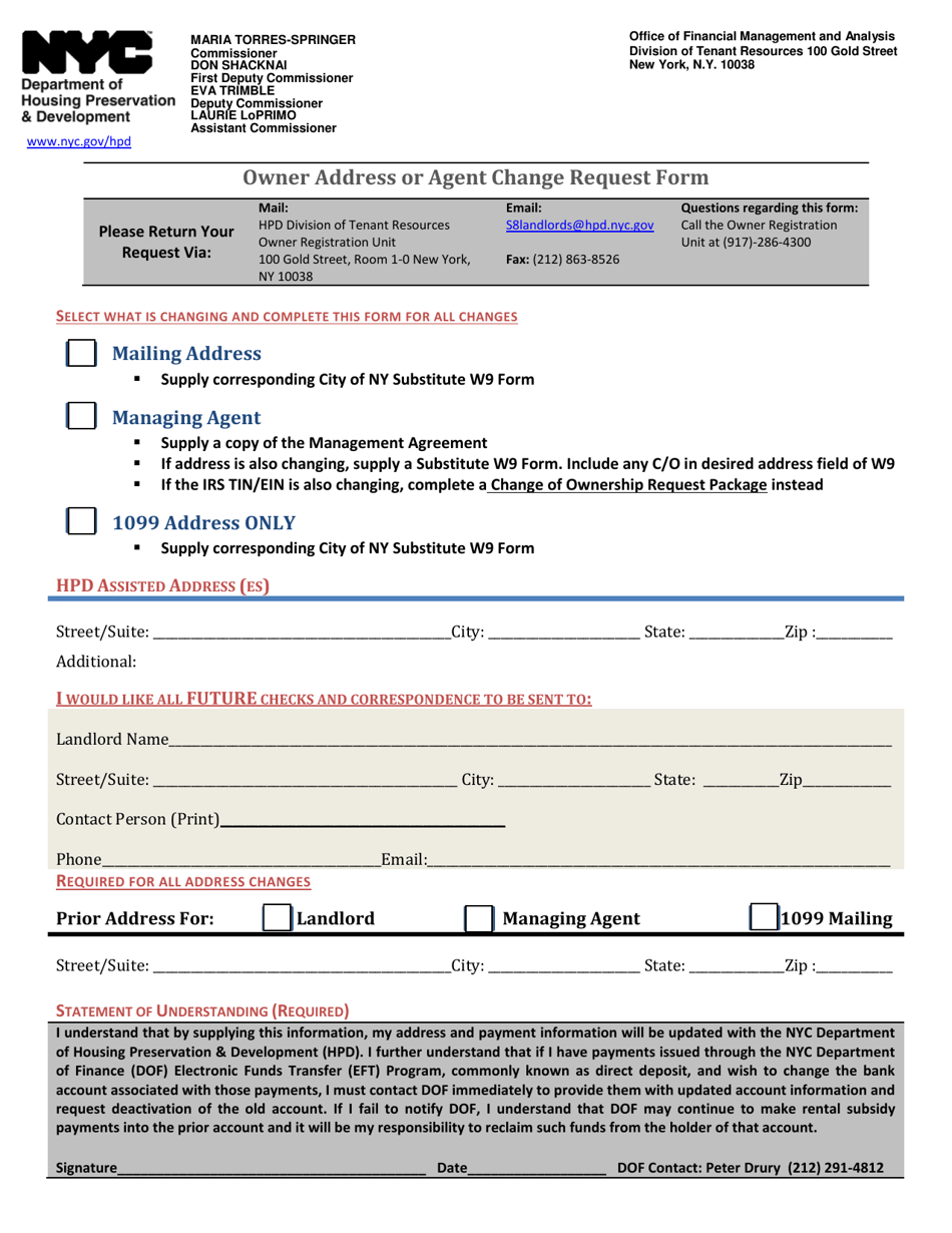 Owner Address or Agent Change Request Form - New York City, Page 1