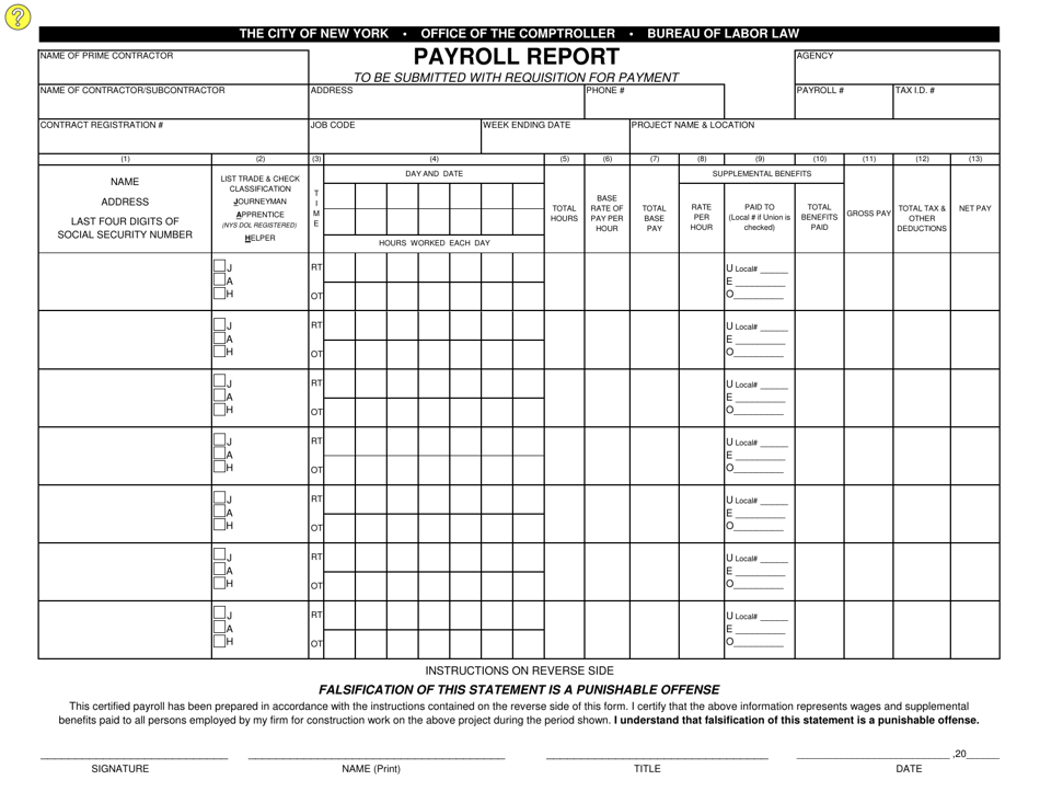 Payroll Report Form - New York City, Page 1