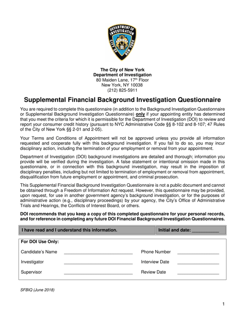 Form SFBIQ Supplemental Financial Background Investigation Questionnaire - New York City