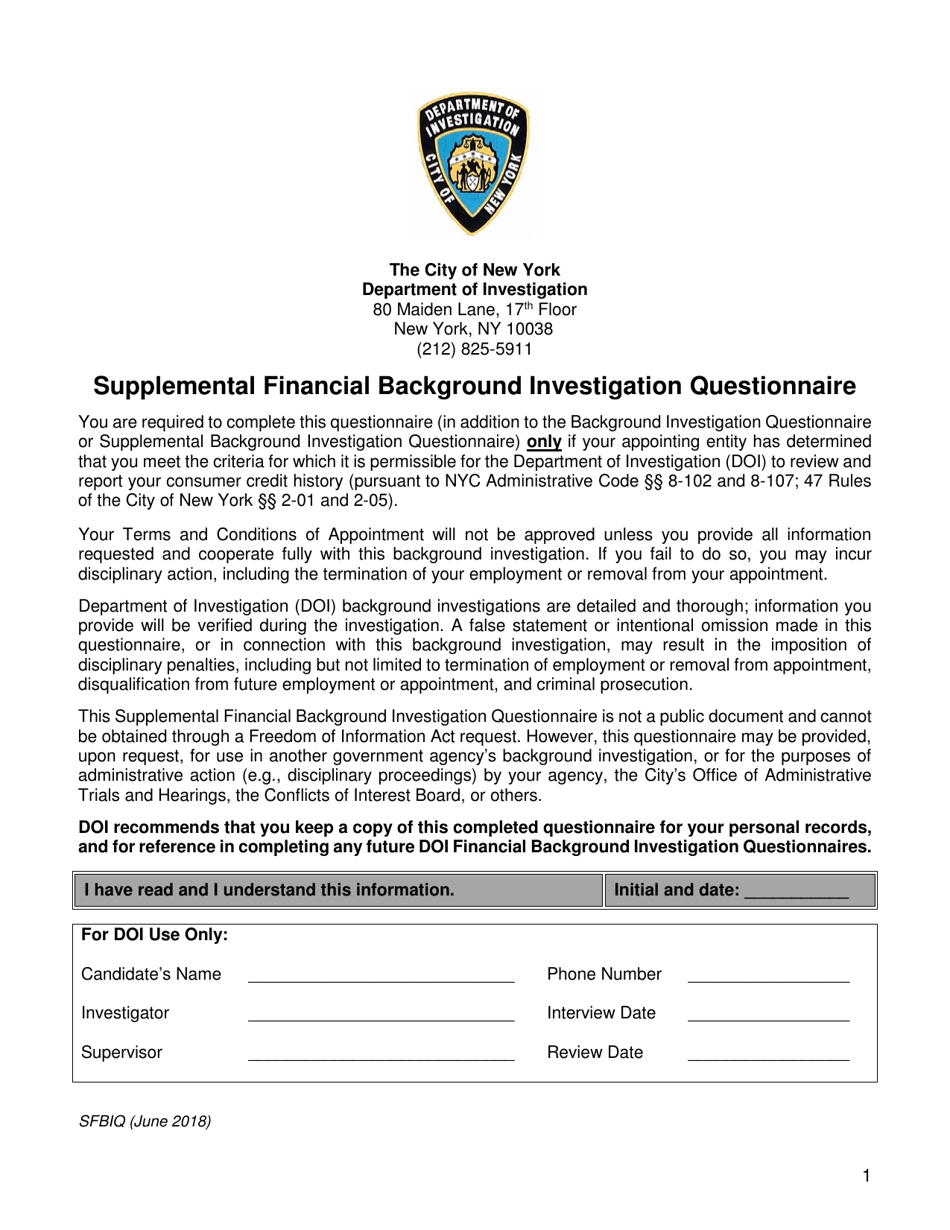 Form SFBIQ Supplemental Financial Background Investigation Questionnaire - New York City, Page 1