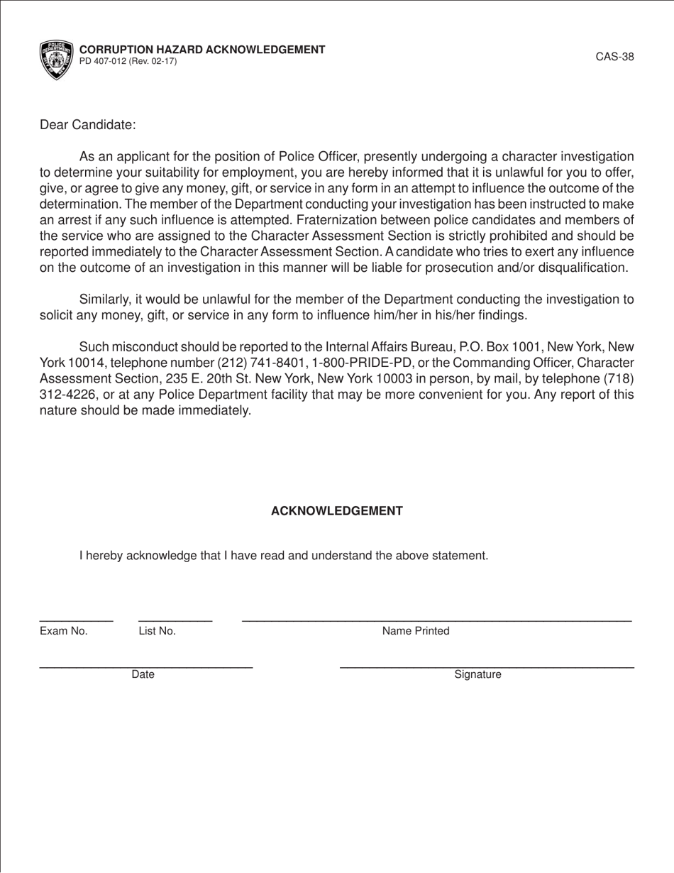 Form PD407-012 (CAS-38) Corruption Hazard Acknowledgement - New York City, Page 1
