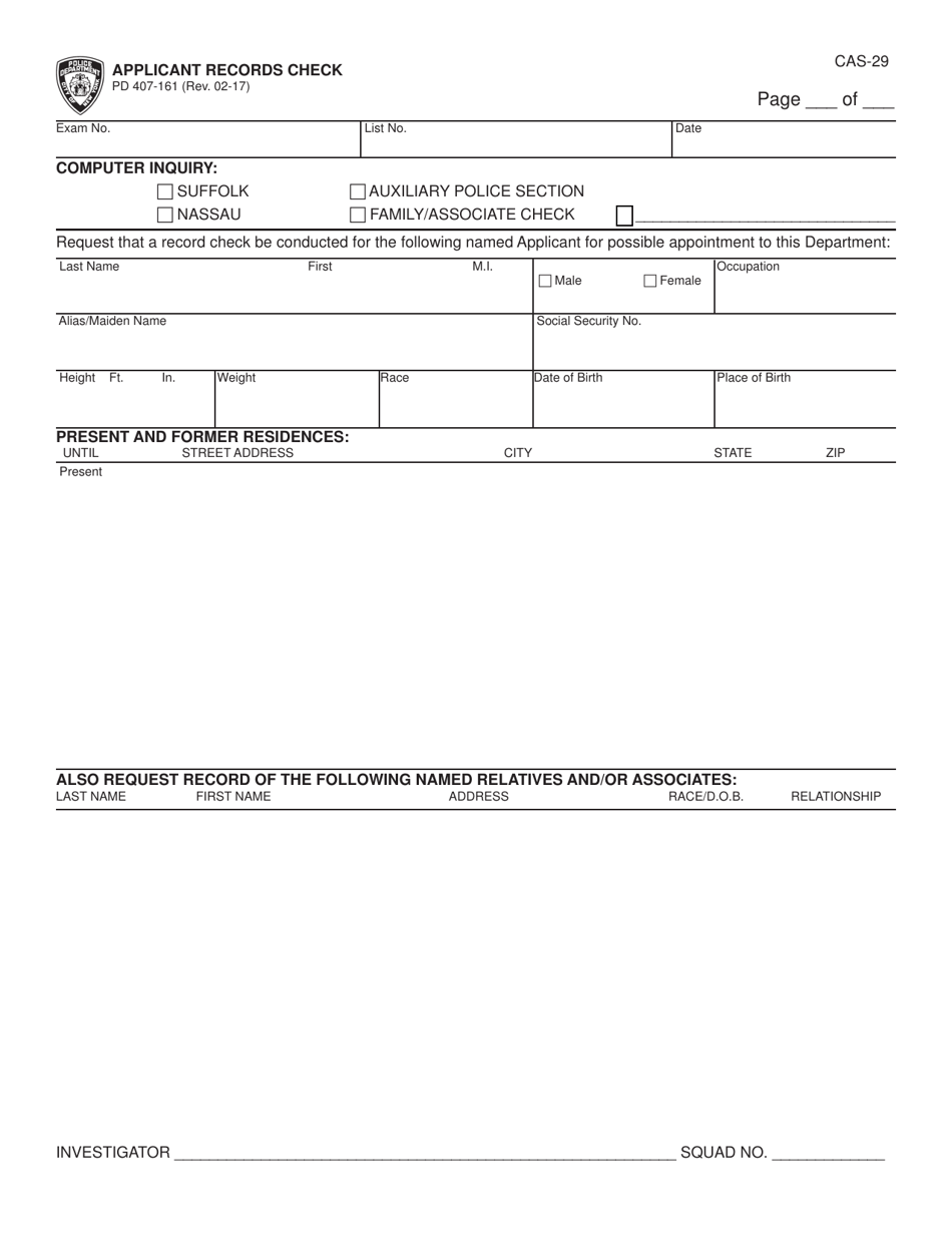 Form PD407-161 (CAS-29) Applicant Records Check - New York City, Page 1