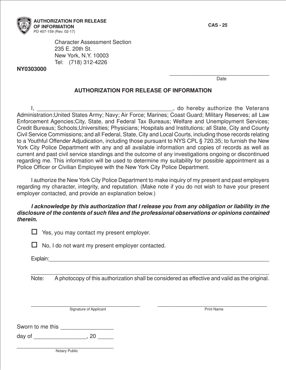 Form CAS-25 (PD407-159) Authorization for Release of Information - New York City, Page 1