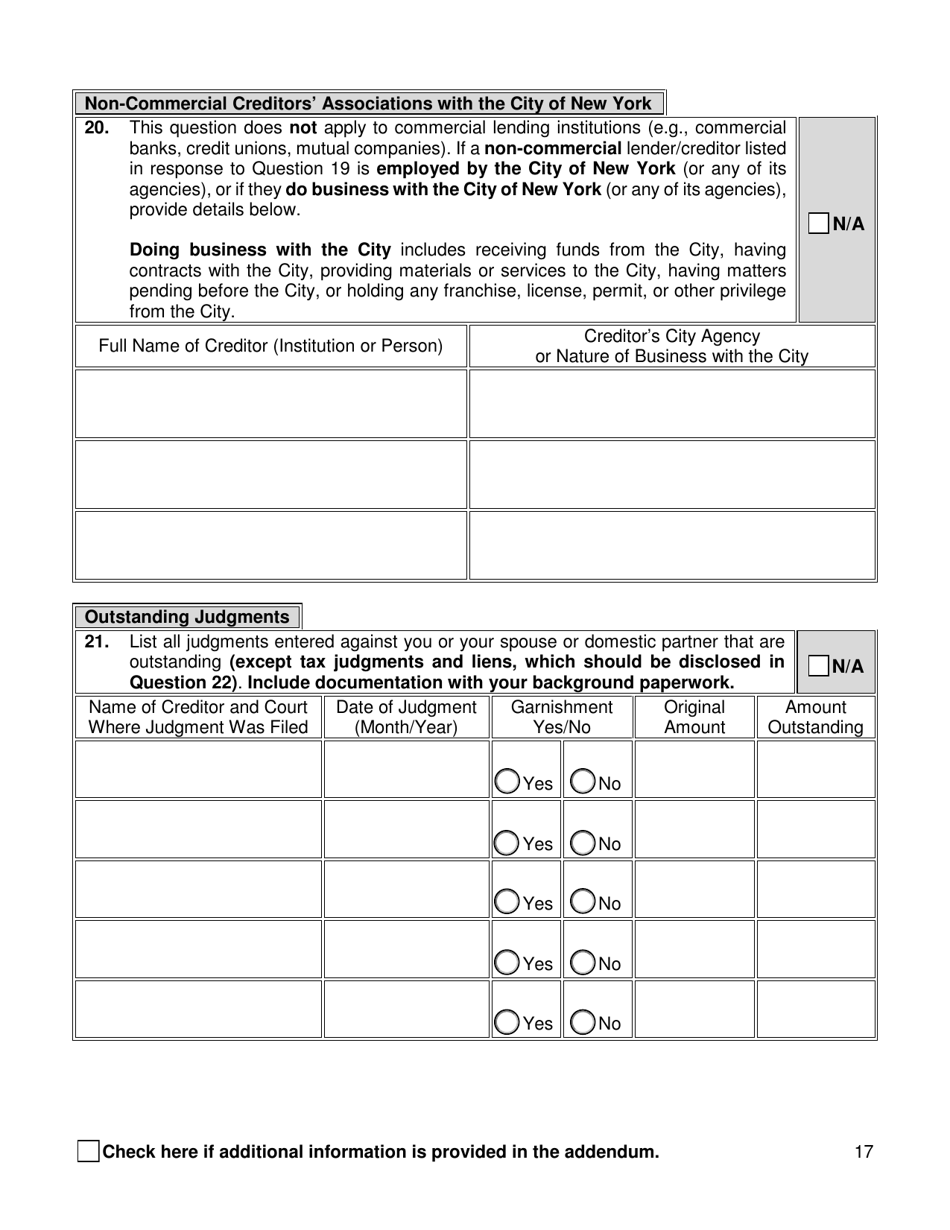 Form FBIQ Financial Background Investigation Questionnaire - New York City, Page 17
