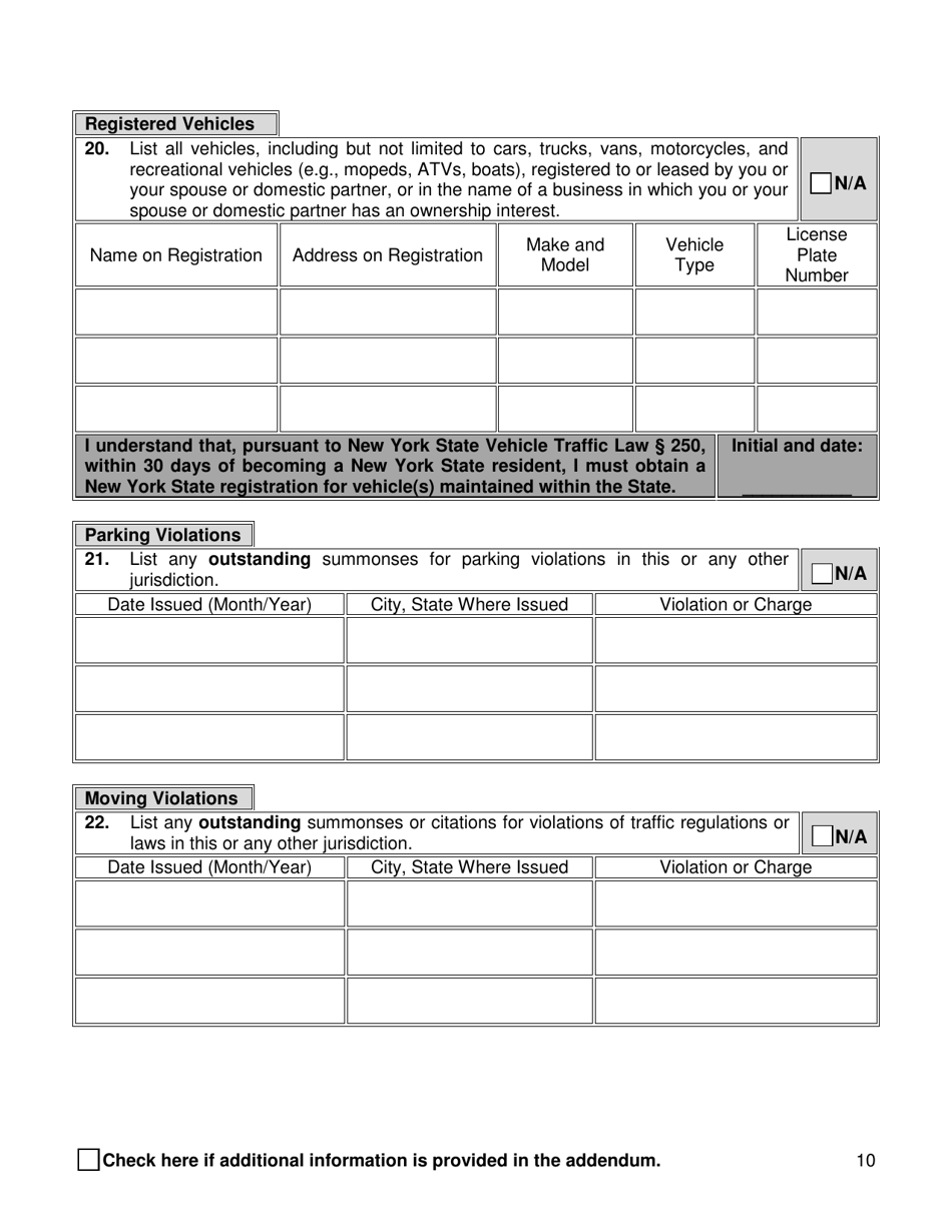 Supplemental Background Investigation Questionnaire - New York City, Page 10