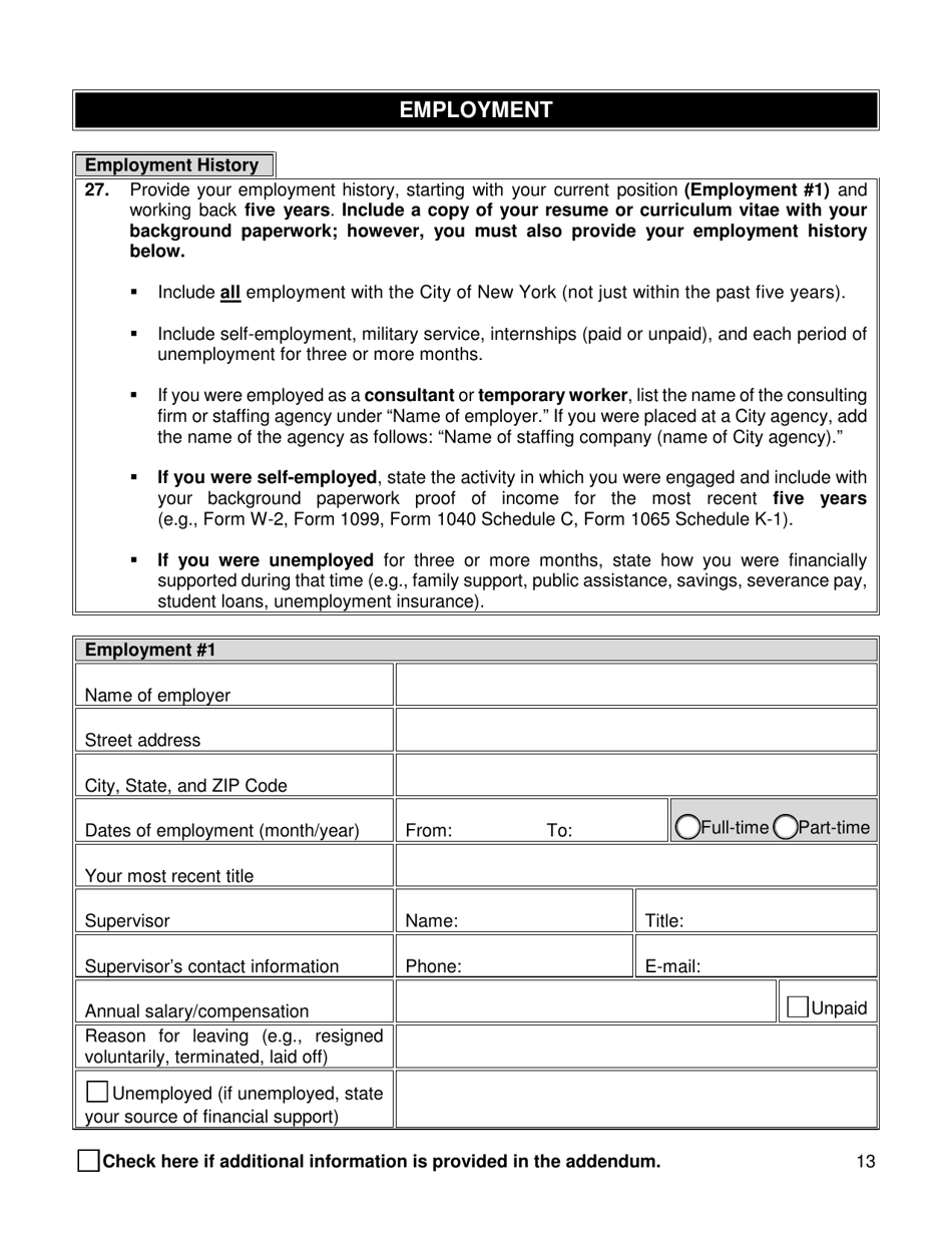 Supplemental Background Investigation Questionnaire - New York City, Page 13