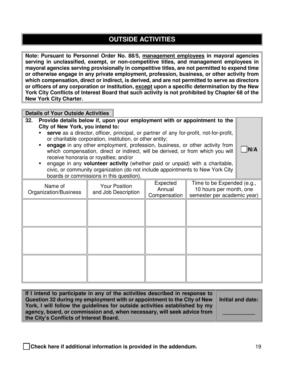 Supplemental Background Investigation Questionnaire - New York City, Page 19