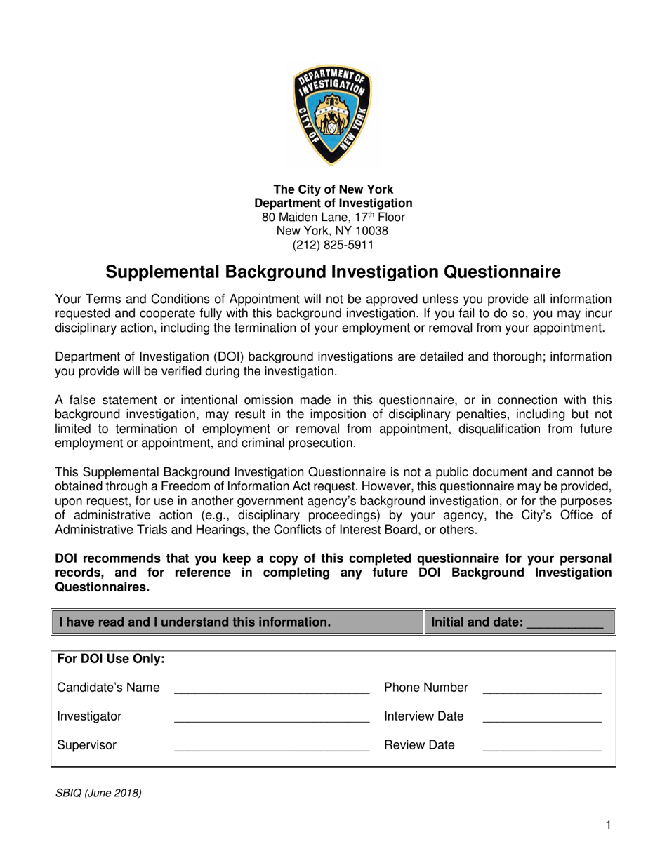 Supplemental Background Investigation Questionnaire - New York City, Page 1