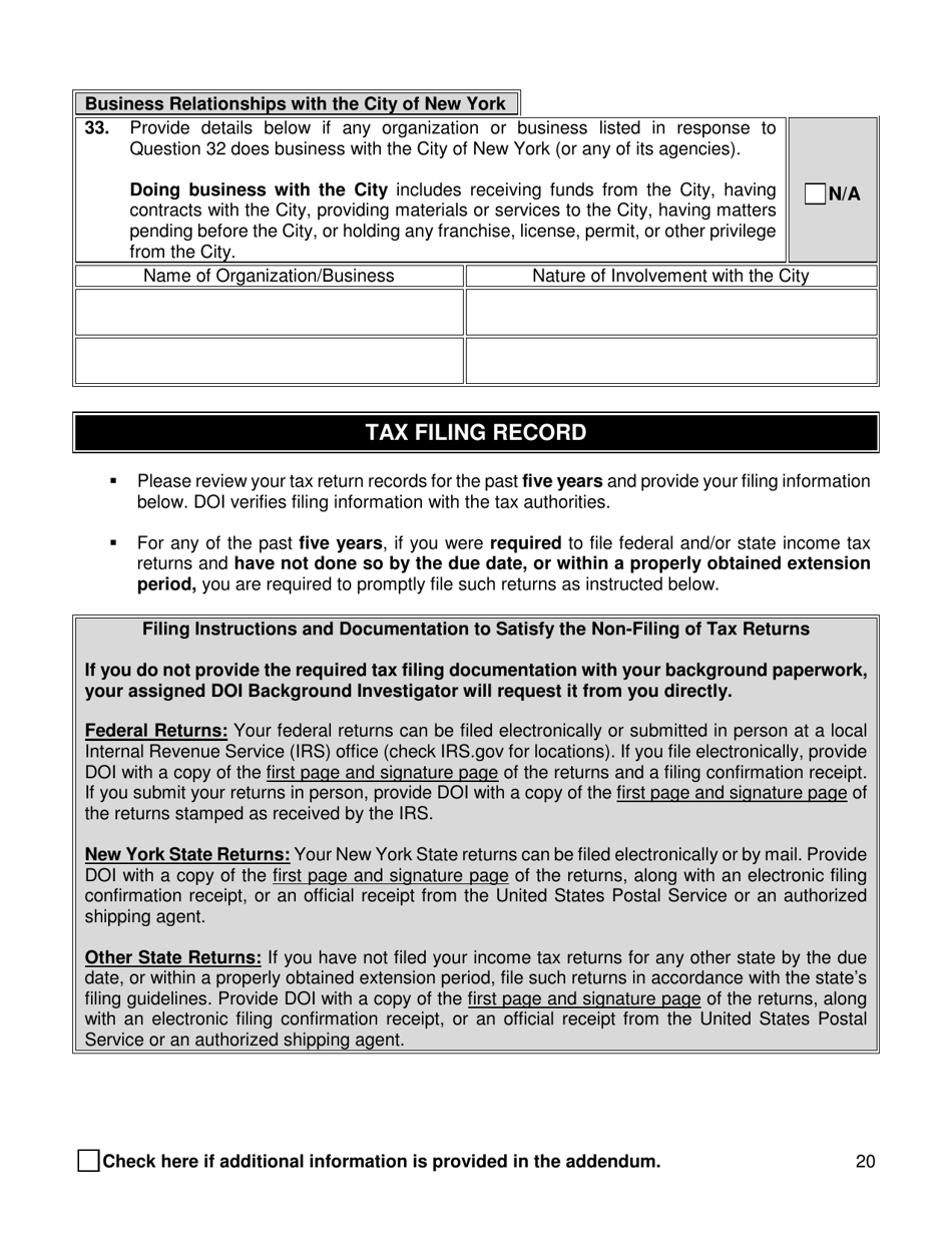 Supplemental Background Investigation Questionnaire - New York City, Page 20