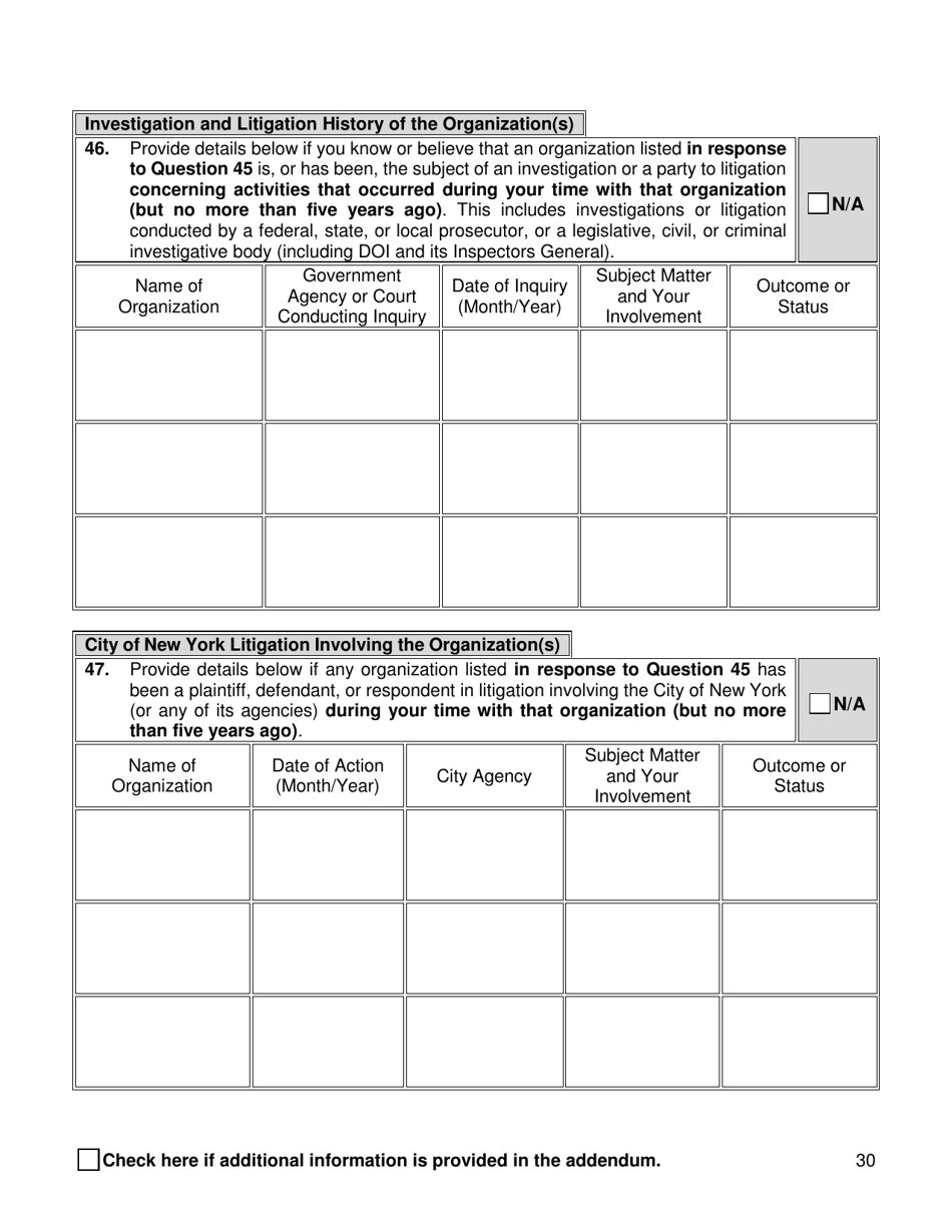 Supplemental Background Investigation Questionnaire - New York City, Page 30