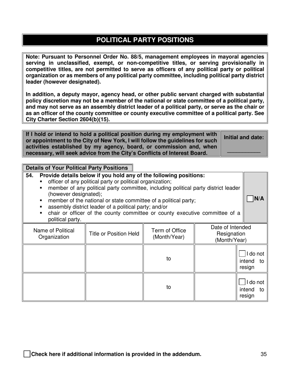 Supplemental Background Investigation Questionnaire - New York City, Page 35