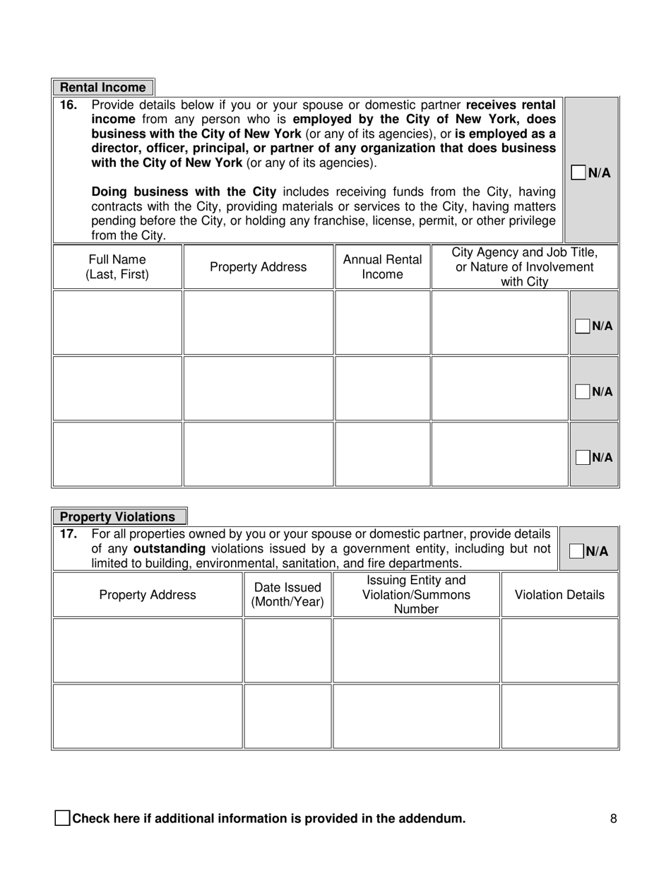 Supplemental Background Investigation Questionnaire - New York City, Page 8
