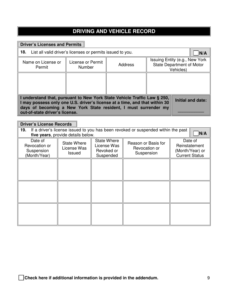 Supplemental Background Investigation Questionnaire - New York City, Page 9