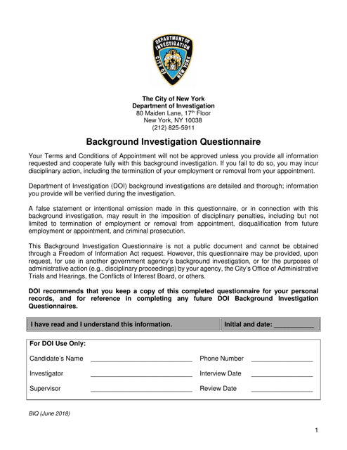 Background Investigation Questionnaire - New York City Download Pdf