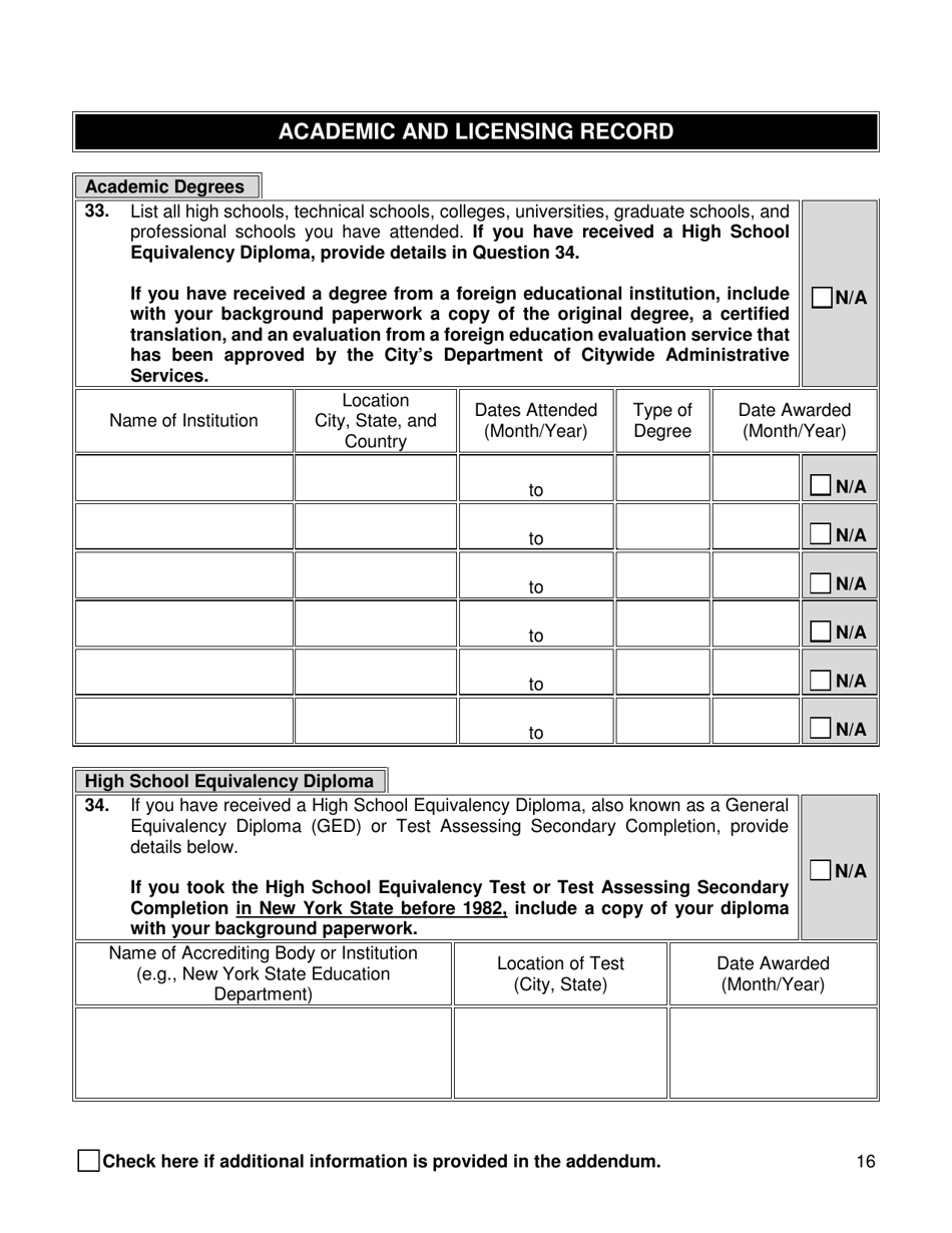 Background Investigation Questionnaire - New York City, Page 16