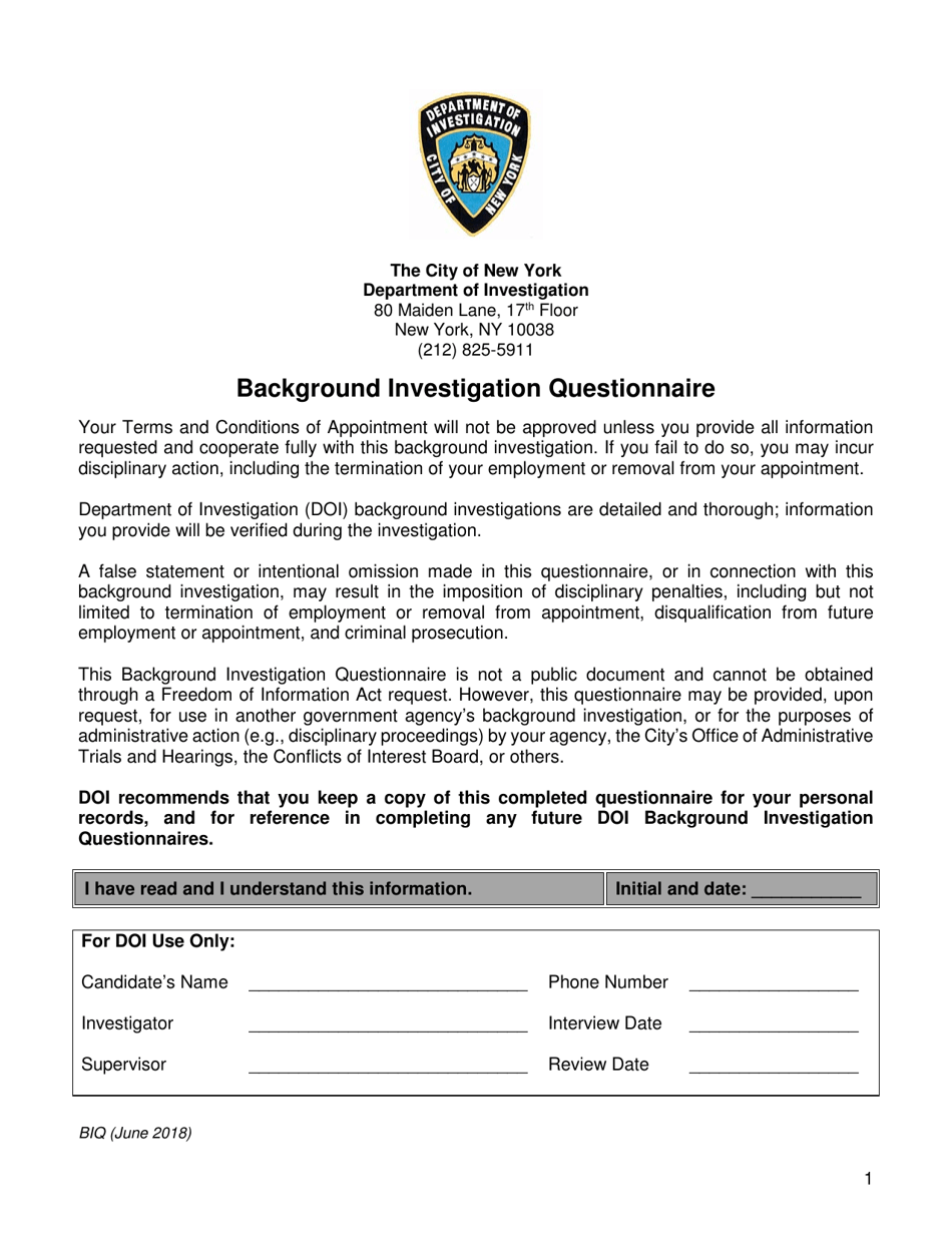 Background Investigation Questionnaire - New York City, Page 1