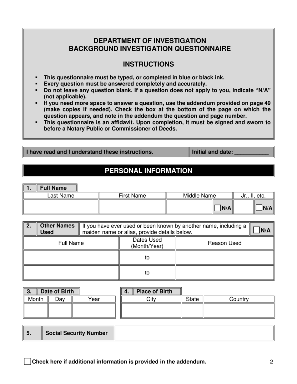 Background Investigation Questionnaire - New York City, Page 2