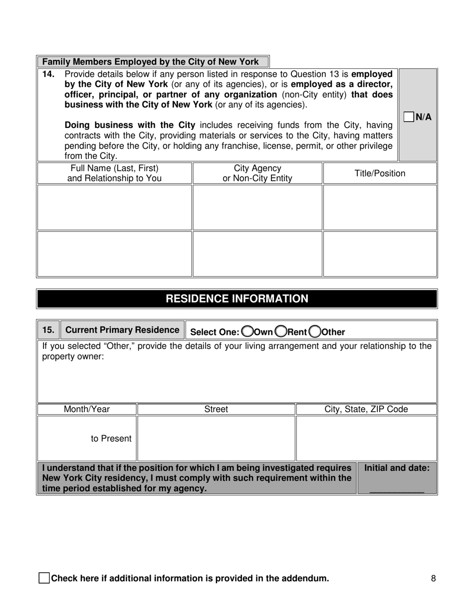 Background Investigation Questionnaire - New York City, Page 8