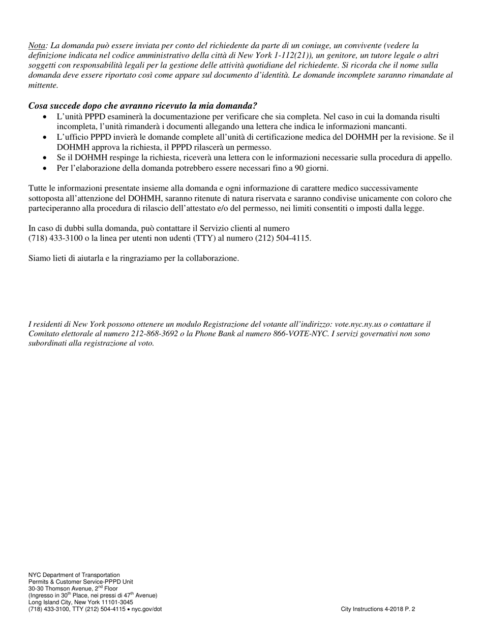 Application for a New York City Parking Permit for People With Disabilities - New York City (Italian), Page 2