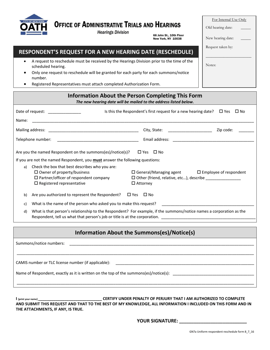 Form GN7A Respondents Request for a New Hearing Date (Reschedule) - New York City, Page 1
