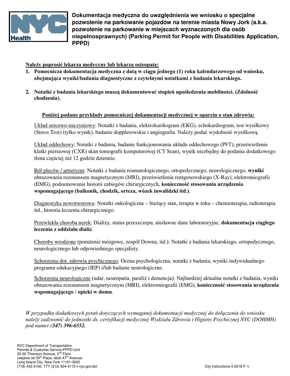 Application for a New York City Parking Permit for People With Disabilities - New York City (Polish), Page 5
