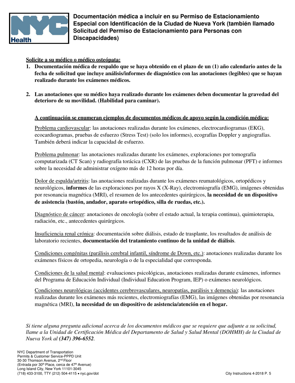Permiso De Estacionamiento Especial Con Identificacion De La Ciudad De Nueva York - New York City (Spanish), Page 5