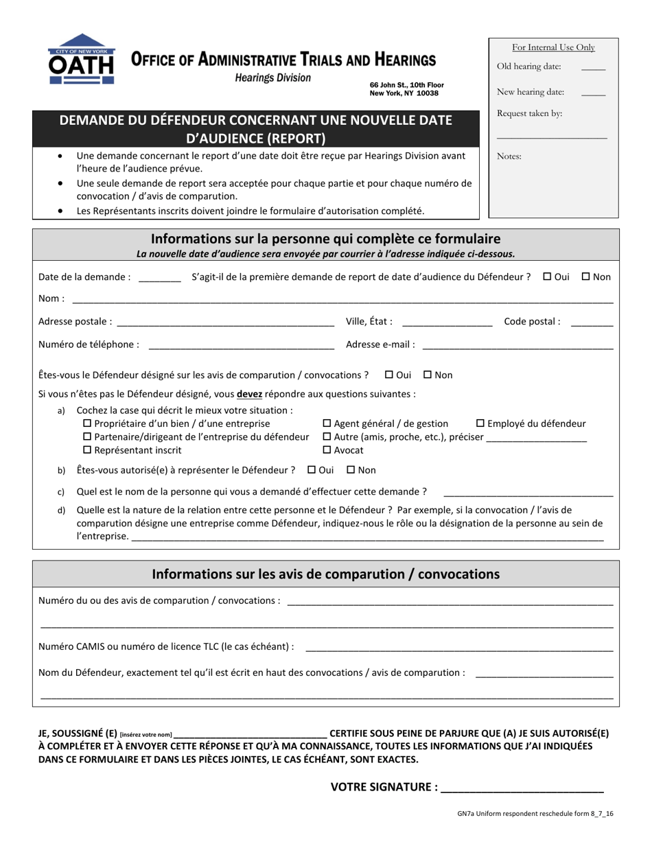Form GN7A Respondents Request for a New Hearing Date (Reschedule) - New York City (French), Page 1