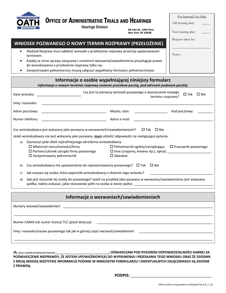 Form GN7A Respondents Request for a New Hearing Date (Reschedule) - New York City (Polish), Page 1