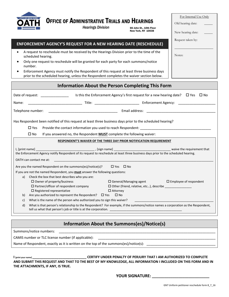 Form GN-7 Enforcement Agencys Request for a New Hearing Date (Reschedule) - New York City, Page 1