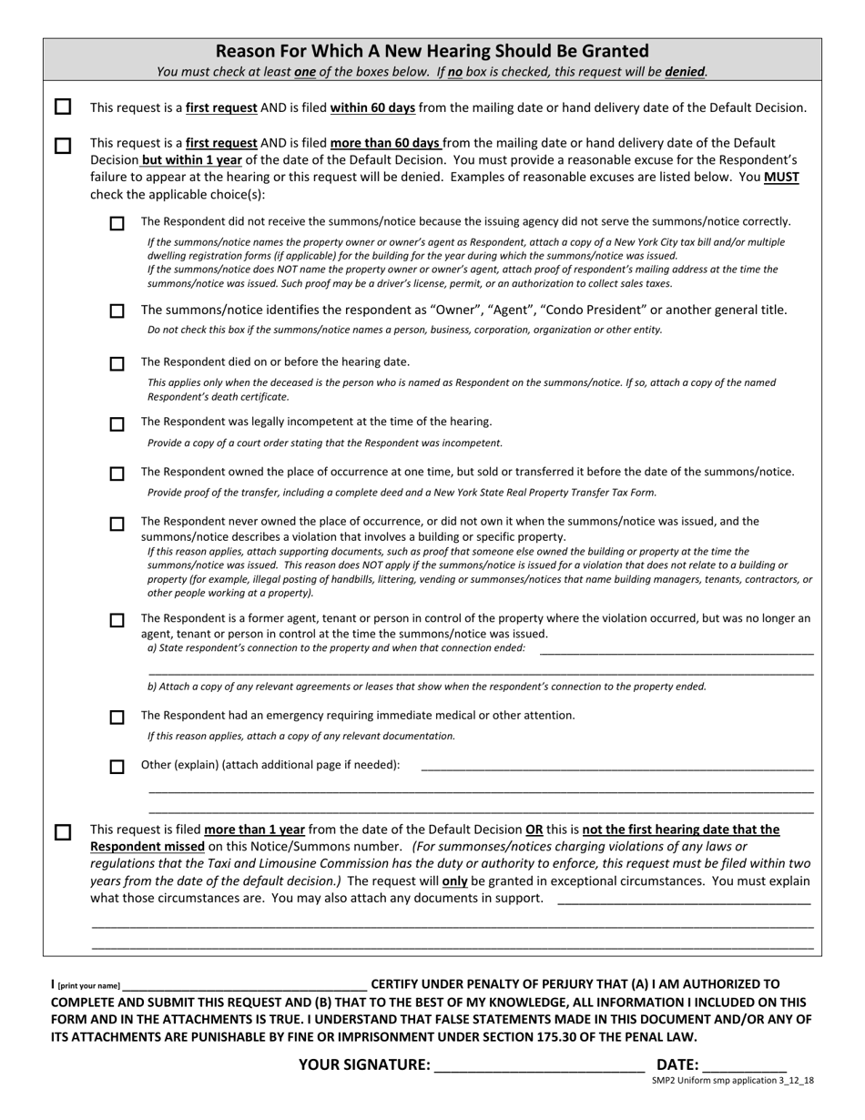 Form SMP2 Request for a New Hearing After a Failure to Appear (Motion to Vacate a Default) - New York City, Page 2
