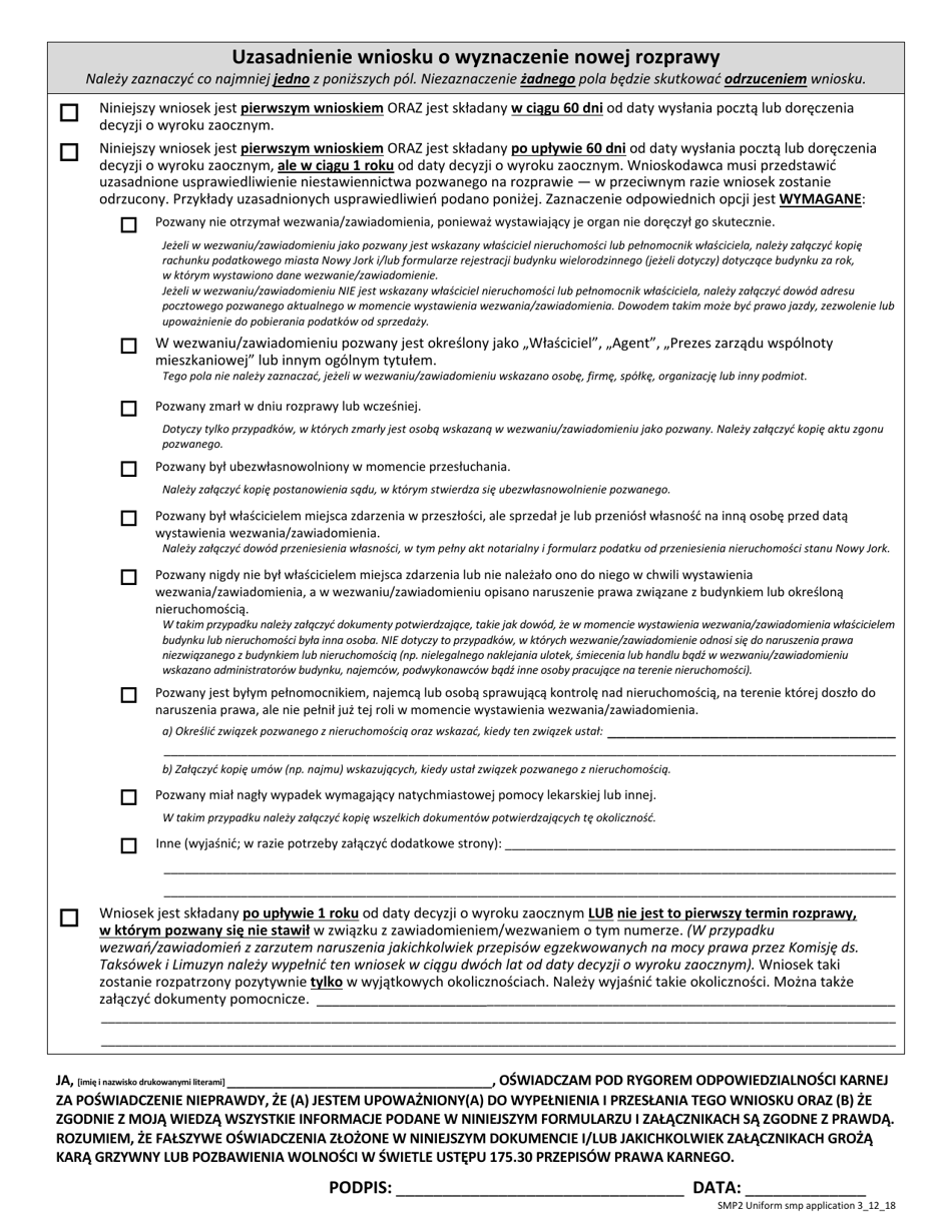 Form SMP2 Request for a New Hearing After a Failure to Appear (Motion to Vacate a Default) - New York City (Polish), Page 2