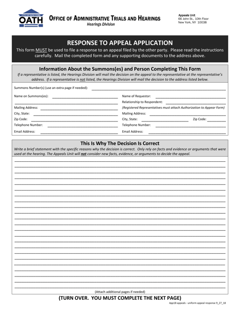 Form APP18 Response to Appeal Application - New York City