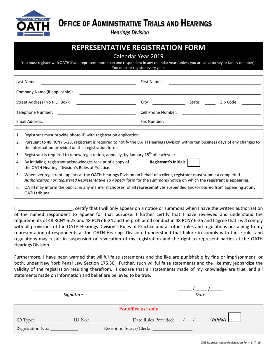 Form GN5 Representative Registration Form - New York City, Page 1